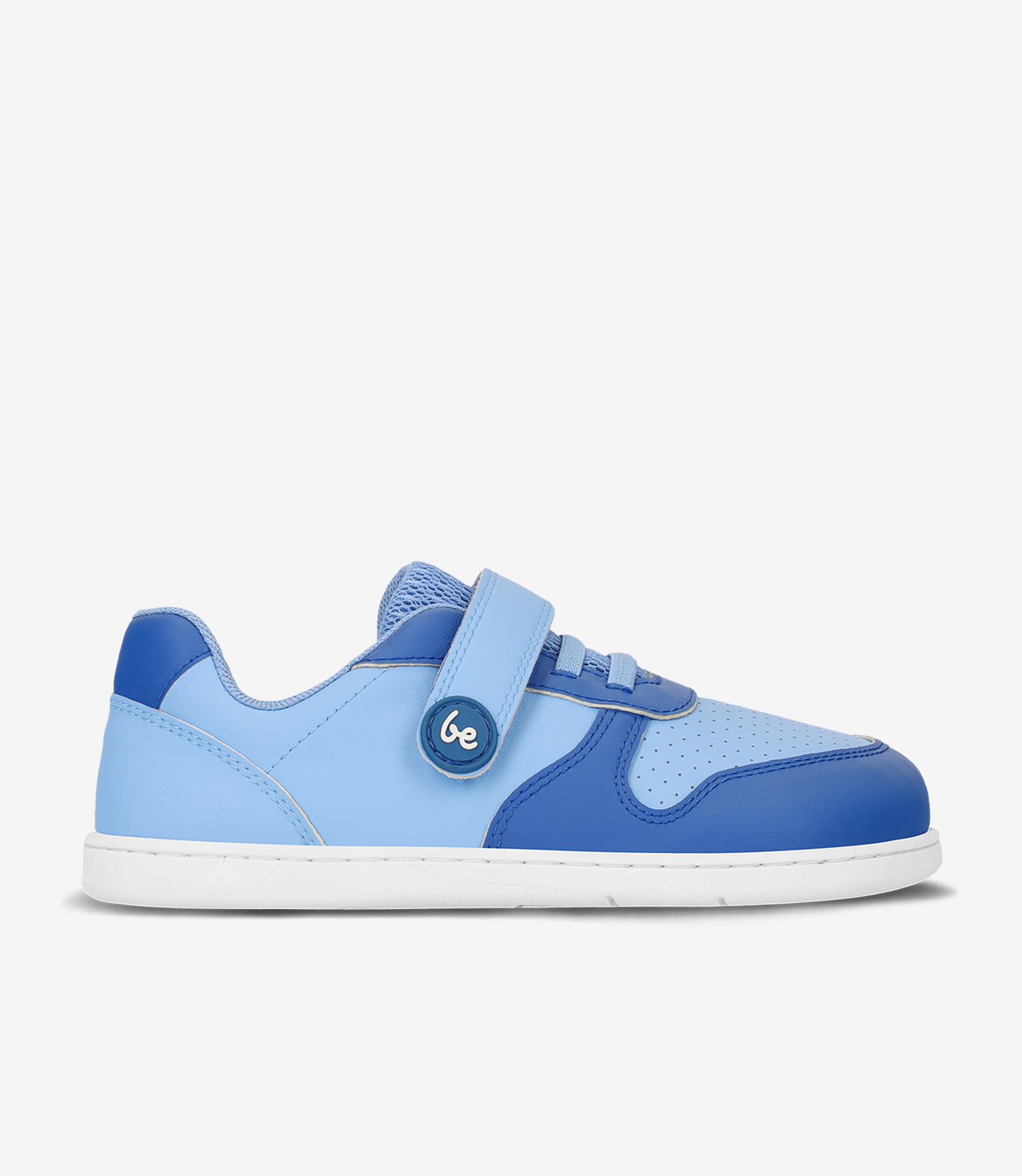Be Lenka Scoot Kids barfodssneakers i lys og kongeblå, velcrorem, snørebånd, bred tåboks, fleksibel hvid sål.