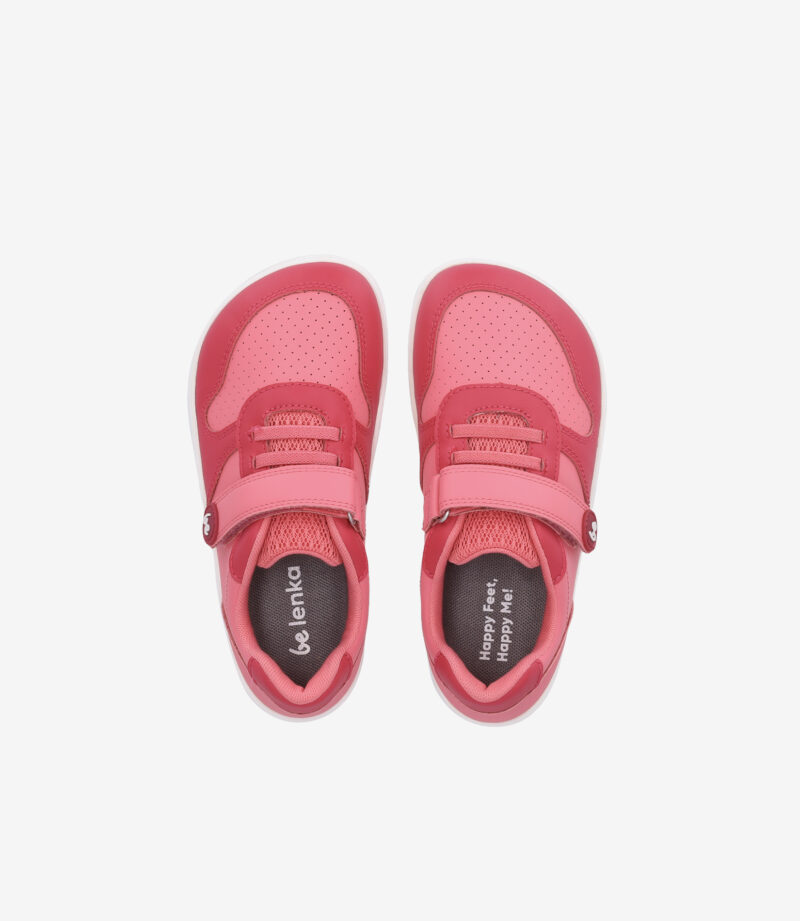 Be Lenka Scoot Kids barfodssneakers, lys og mørk pink, velcroremme, bred tåboks, minimalistisk design, "be lenka"-indlægssåler.