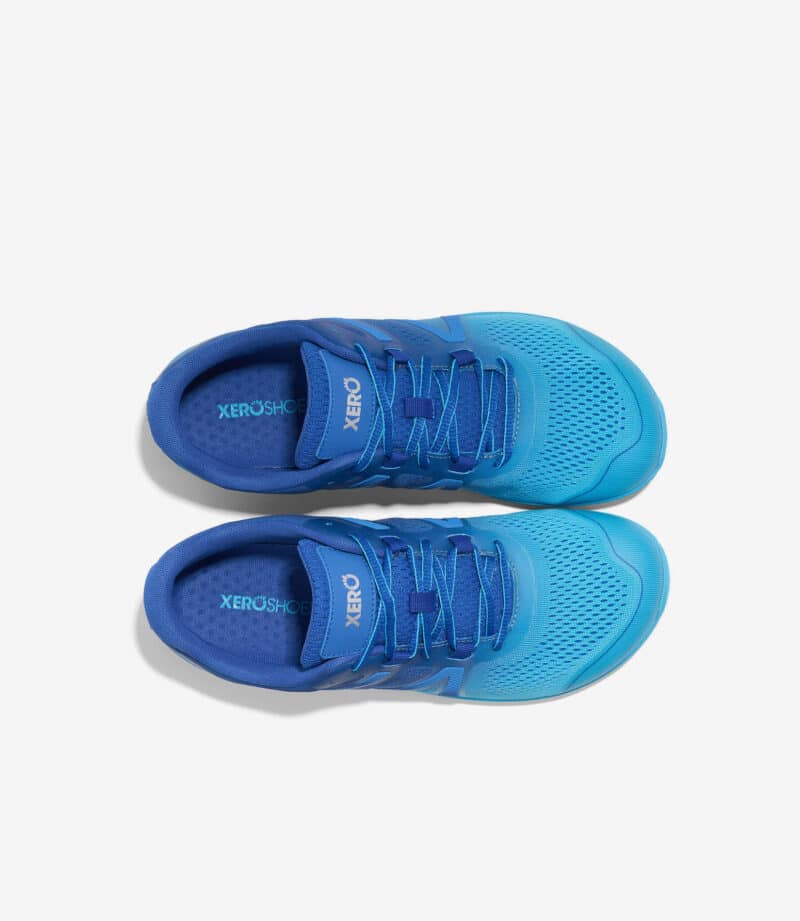 Blå Xero HFS II Herre barfodssko med gradienttoner, snørebånd, bred tåboks, minimalistiske sneakers på hvid baggrund.