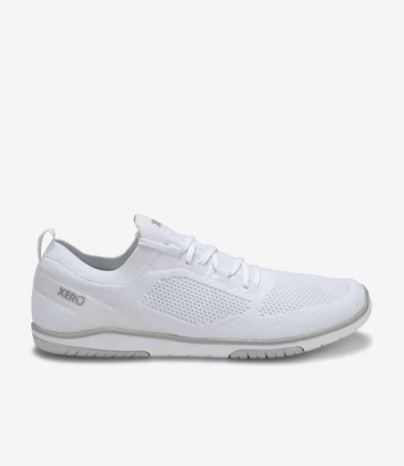 Hvid Xero Nexus Knit barfodssko til mænd, overdel i mesh, grå sål, bred tåboks, minimalistisk sneaker til løb eller daglig brug.