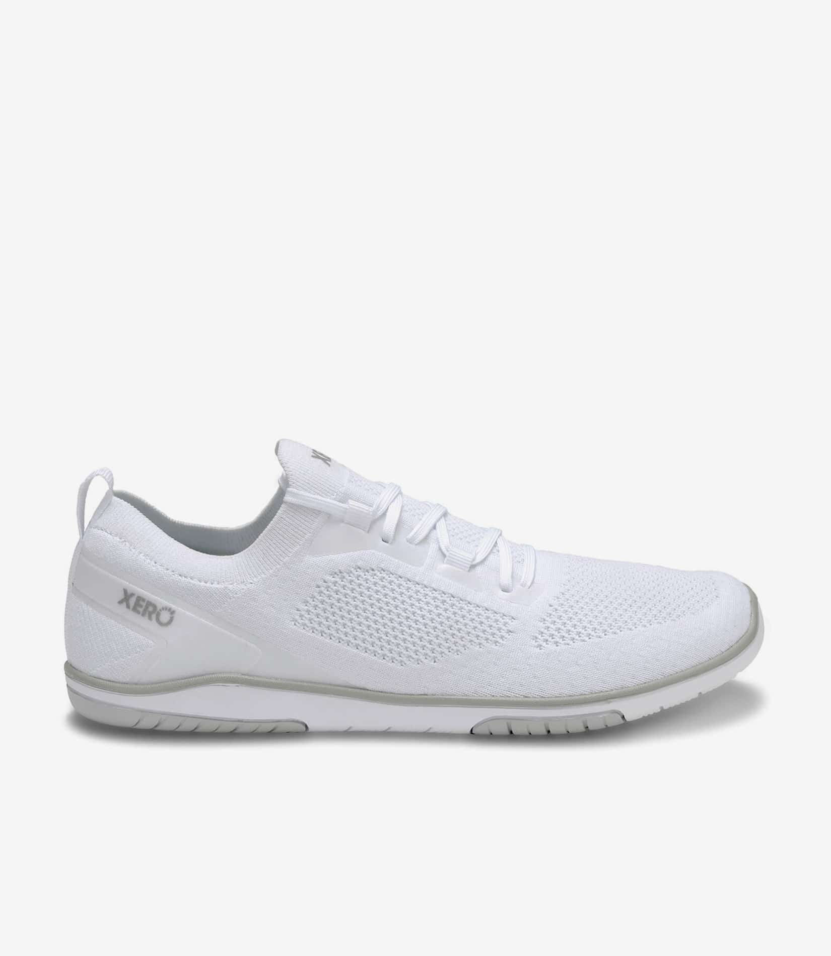 Hvid Xero Nexus Knit barfodssko til mænd, overdel i mesh, grå sål, bred tåboks, minimalistisk sneaker til løb eller daglig brug.