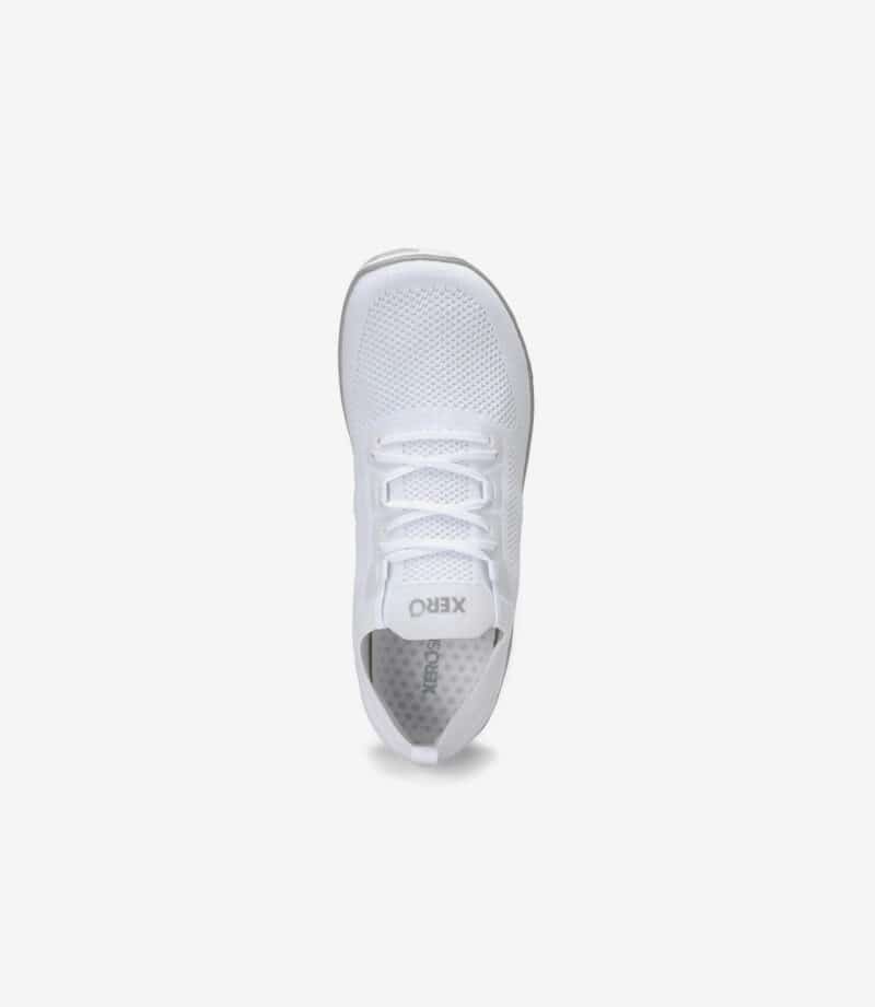Hvid Xero Nexus Knit Herre barfodssko, overdel i mesh, hvide snørebånd, bred tåboks, minimalistisk sneaker-stil til mænd.