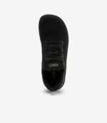 Sort og hvid Xero Nexus Knit barfodssko til kvinder, overdel i mesh, bred tåboks, minimalistisk stil, branding i indersålen.