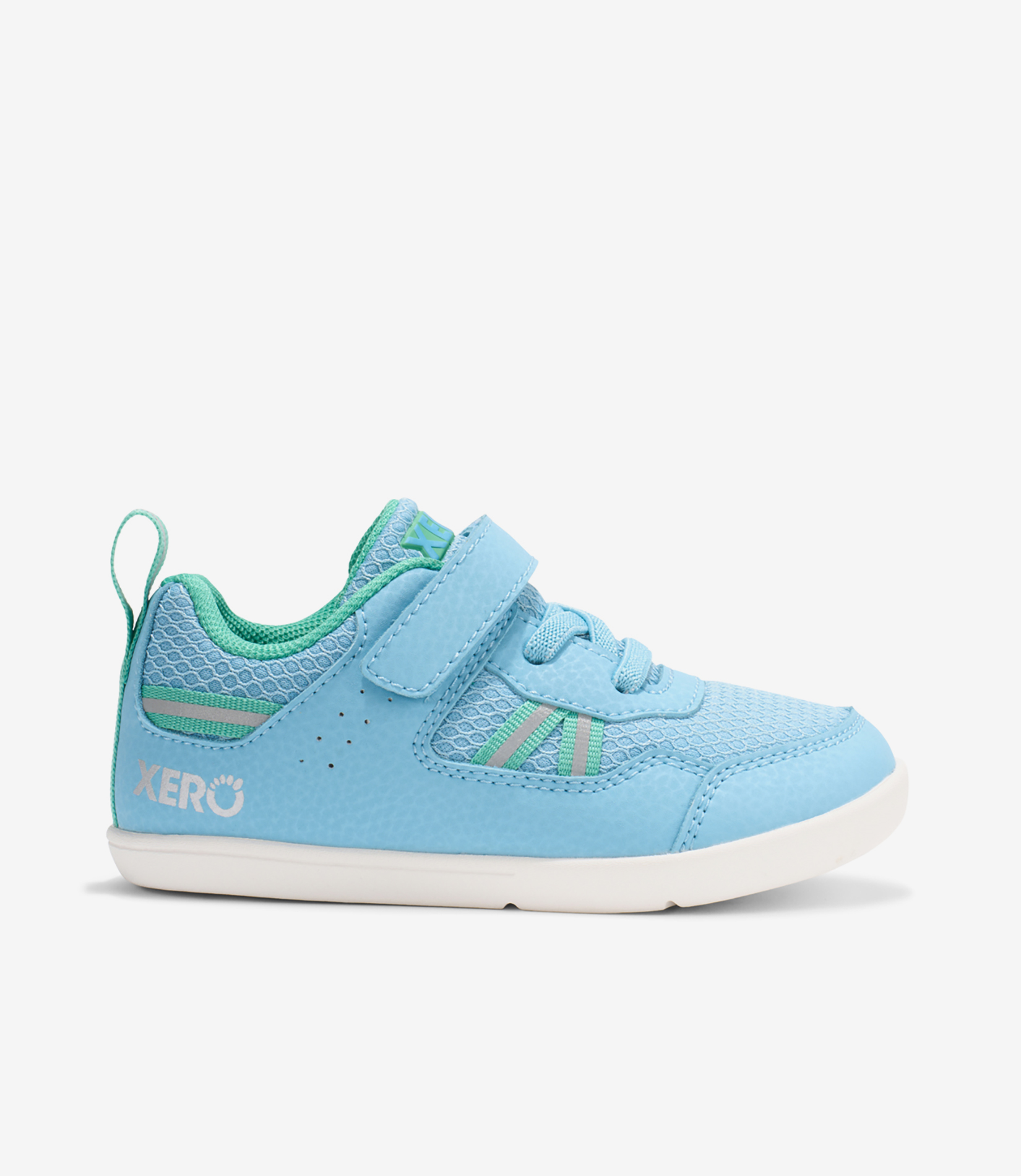 Blå barfodssneakers til børn med velcro, turkise og grønne detaljer, overdel i mesh, hvid sål, bred tåboks fra Xero.