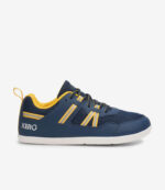 Blå og gul Xero Prio børn barfodssko, meshpaneler, bred tåboks, minimalistisk sneaker-stil, set fra venstre side.