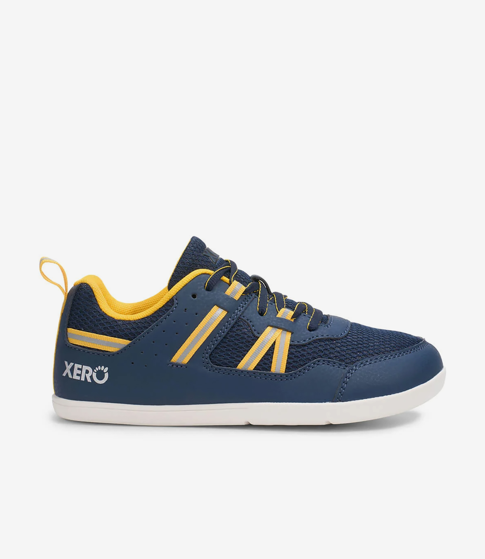 Blå og gul Xero Prio børn barfodssko, meshpaneler, bred tåboks, minimalistisk sneaker-stil, set fra venstre side.