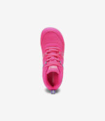 Lyserøde Xero Prio barfodssko til børn med overdel og snørebånd i mesh, bred tåboks og minimalistisk sneaker-stil.