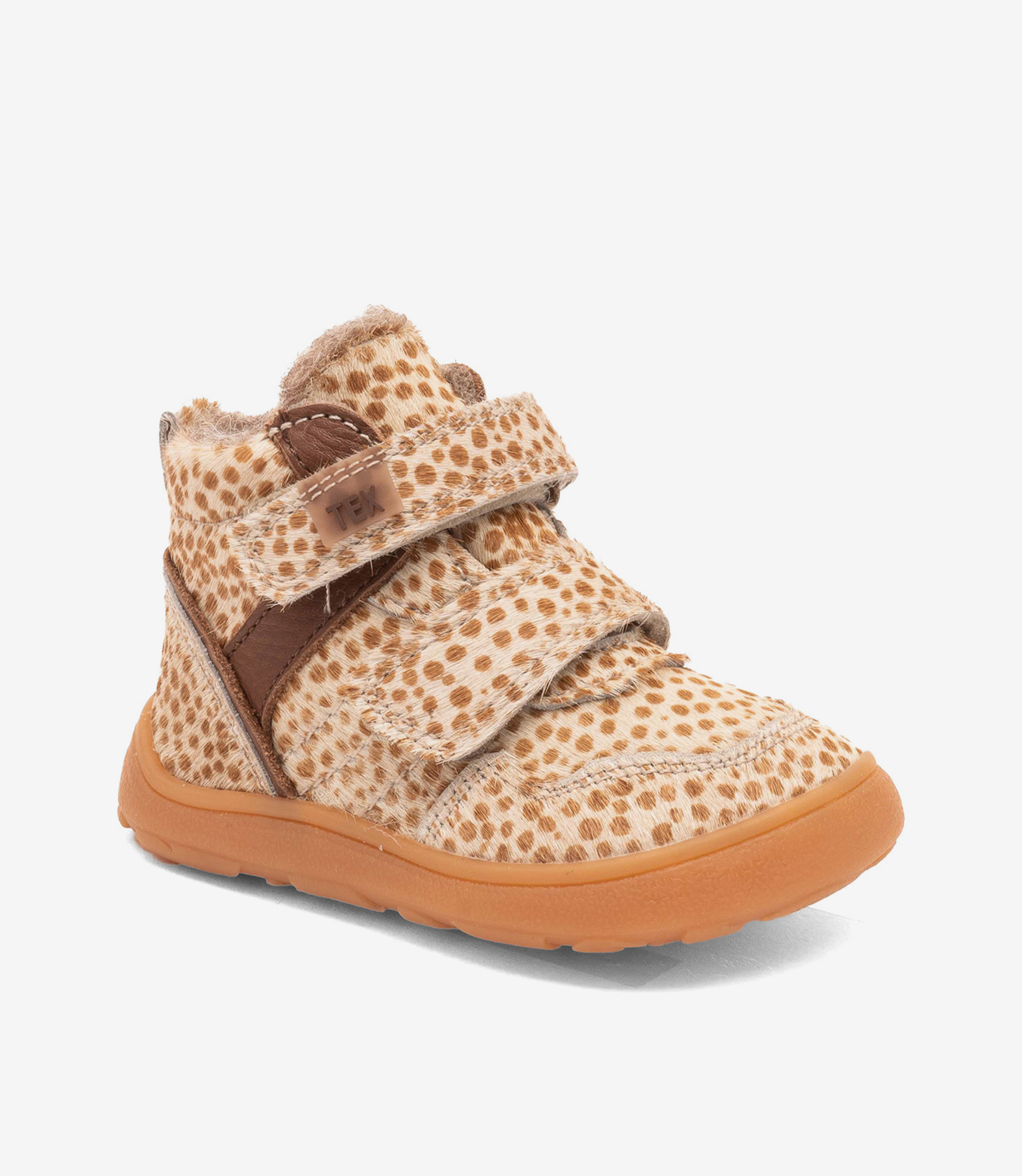 Bisgaard barefoot becky tex børnesneaker, brunt dyreprint, bred tåboks, velcro, fuzzy foring, minimalistisk gummisål.