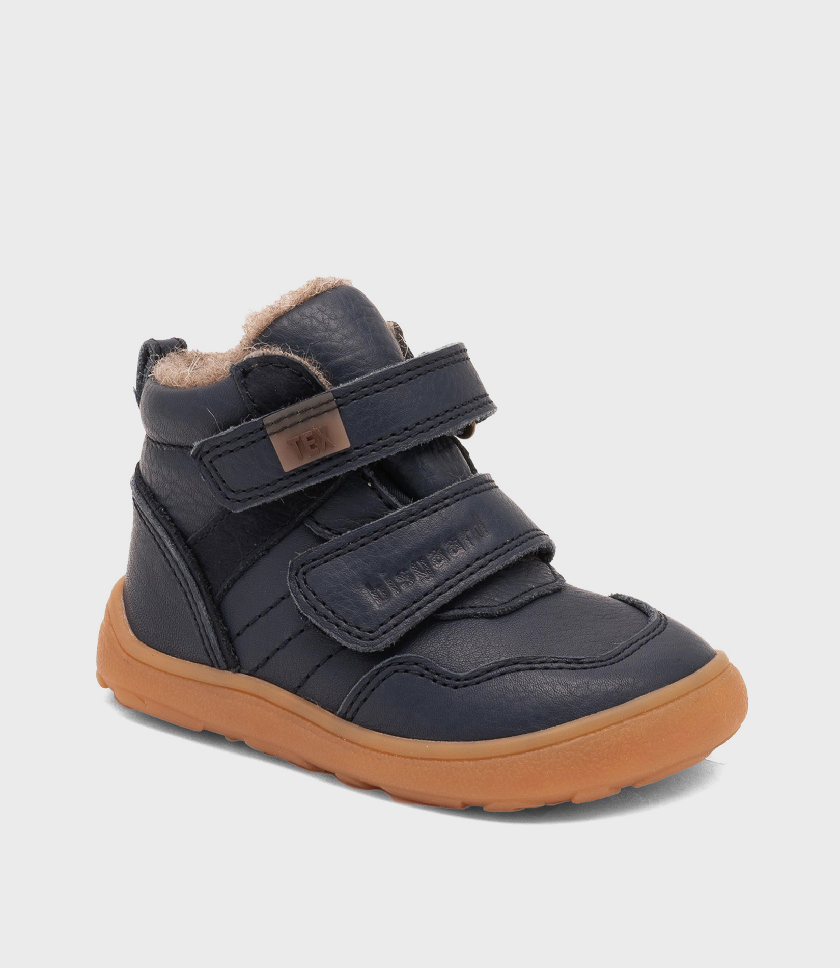 Navy Bisgaard barfodsstøvle til børn med bred tå, dobbelte velcroremme, solbrun sål, plysforing - minimalistisk børnesko.