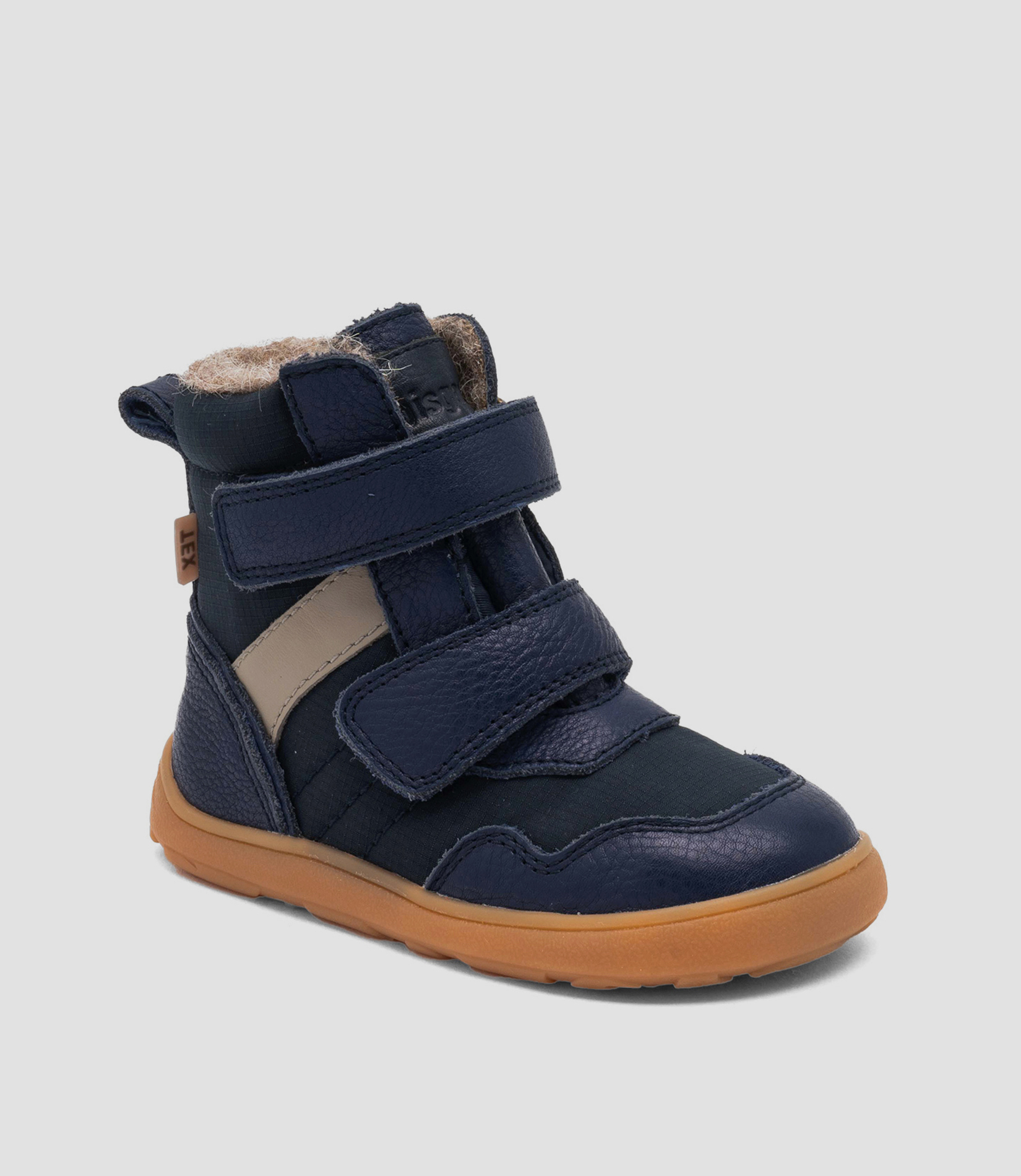 Navy Bisgaard barfodssneakerstøvle med velcroremme, bred tåzone, solbrune detaljer, lysebrun sål og plysfor.