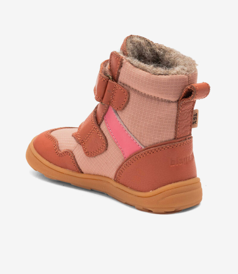 Lyserød og brun Bisgaard barfodsstøvle til børn med velcroremme, bred tåboks, loddent for, sporty stribe, minimalistisk sål.