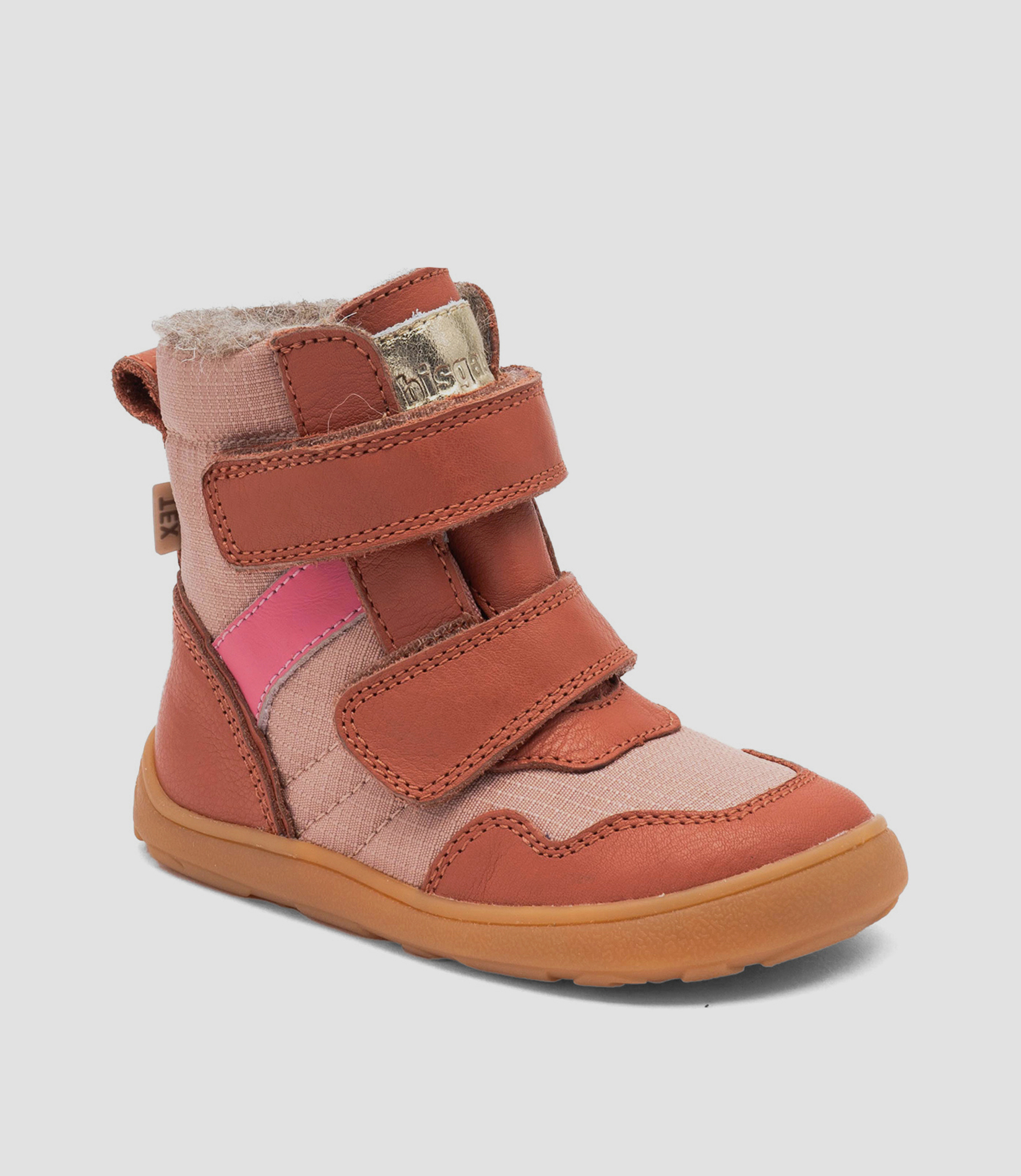Pink Bisgaard barfodssko til børn, bred tåzone, velcroremme, ankel i imiteret pels, fleksibel sål, minimalistisk design.