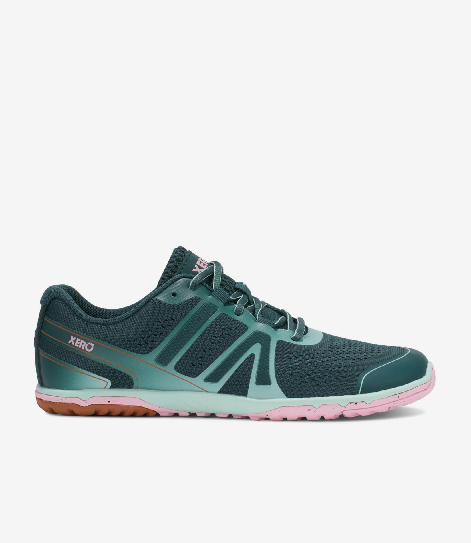 Grøn moss Xero HFS II Dame barfodssko med blågrøn, mint, pink sål, bred tåboks, minimalistisk design på hvid baggrund.