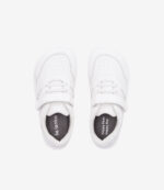 Hvide minimalistiske barfodssneakers med velcroremme, bred tåboks, Lenka-branding og "Happy Feet Happy Me!"-indlægssåler.