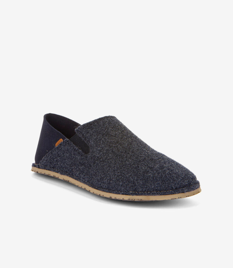 Mørkeblå barfodssko i uld med bred tåzone, elastiske sider og solbrun sål for minimalistisk komfort.