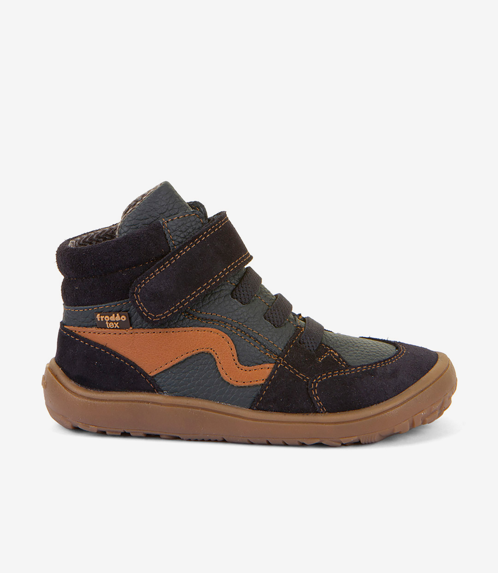 Barfodet high-top-sneaker til børn i sort, grå og brun med bred tåboks, velcro-/snørelukning, fleksibel sål og afslappet stil.