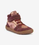 Barfodet high-top-sneaker til børn i rødbrun, pink og rosaguld med bred tåboks, velcrorem og fleksibel sål.