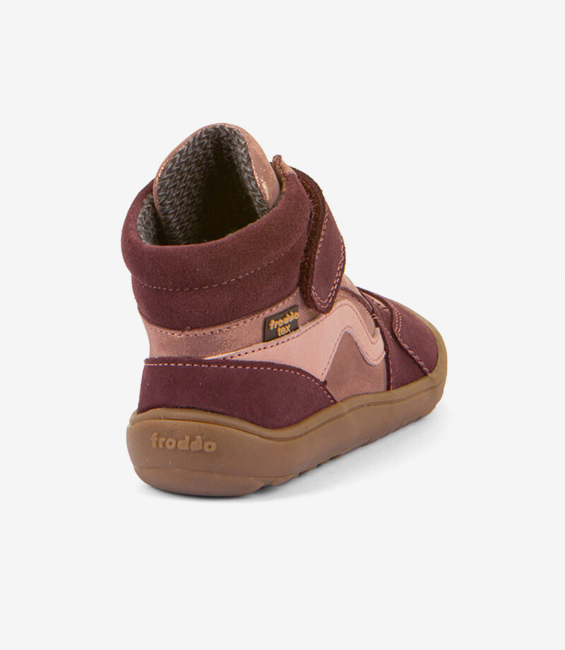 Rødbrun og pink barfodssneaker med bred tå, brun sål, velcrorem og Froddo-branding.