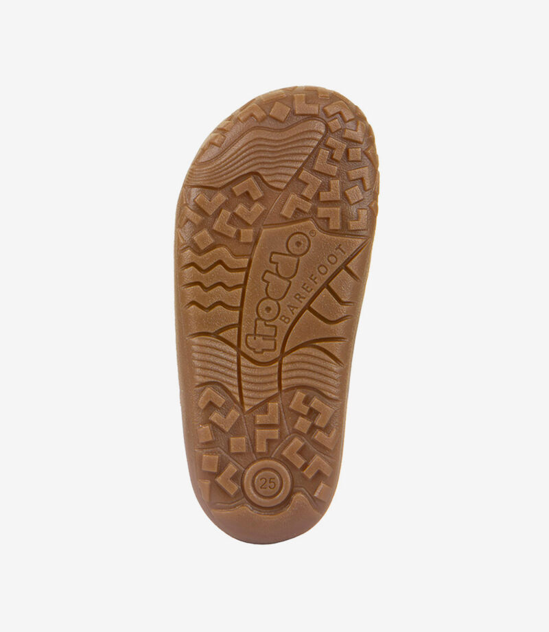 Brun gummisål til barfodssko, minimalistisk stil, design med bred tåboks, Froddo-logo, struktureret greb, størrelse 25.