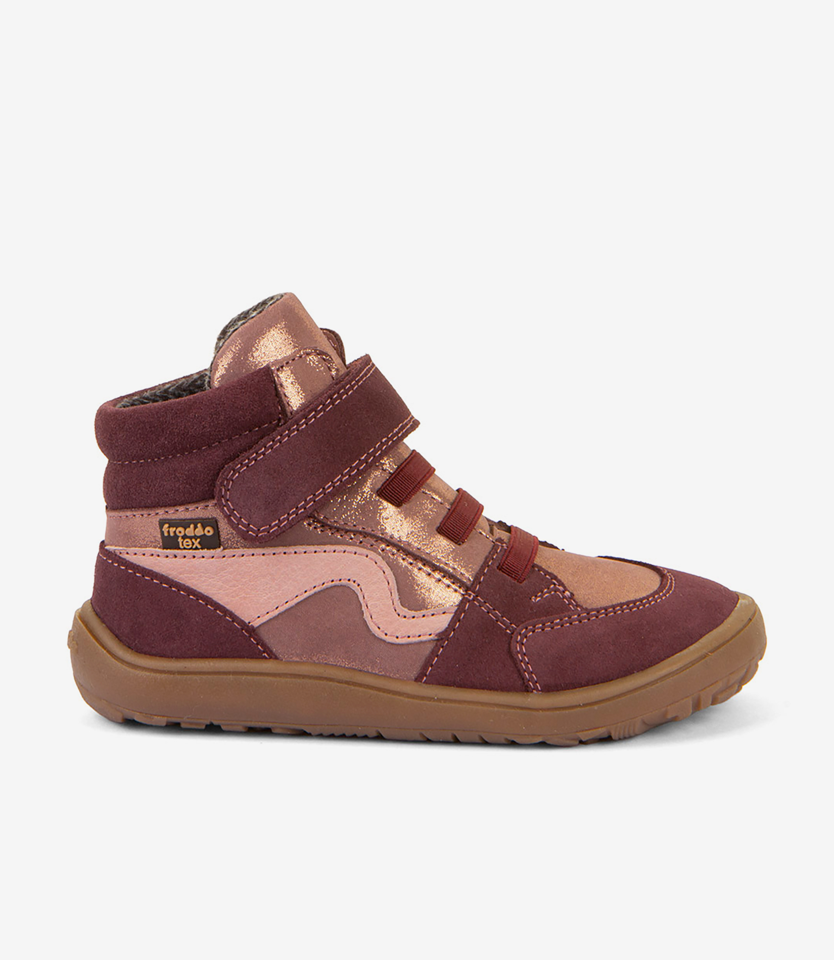 Rødbrun og pink barfodssneaker med bred tå, velcrorem, elastiske snørebånd, solbrun sål og froddo tex-label.