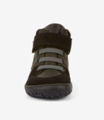 Mørkegrøn og sort barfodet high-top-sneaker med bred tå, velcrorem, mesh-tunge og struktureret sål.
