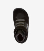 Sort minimalistisk barfodssneaker til børn med grå snørebånd, velcrorem og bred tåboks, vist ovenfra på hvid.