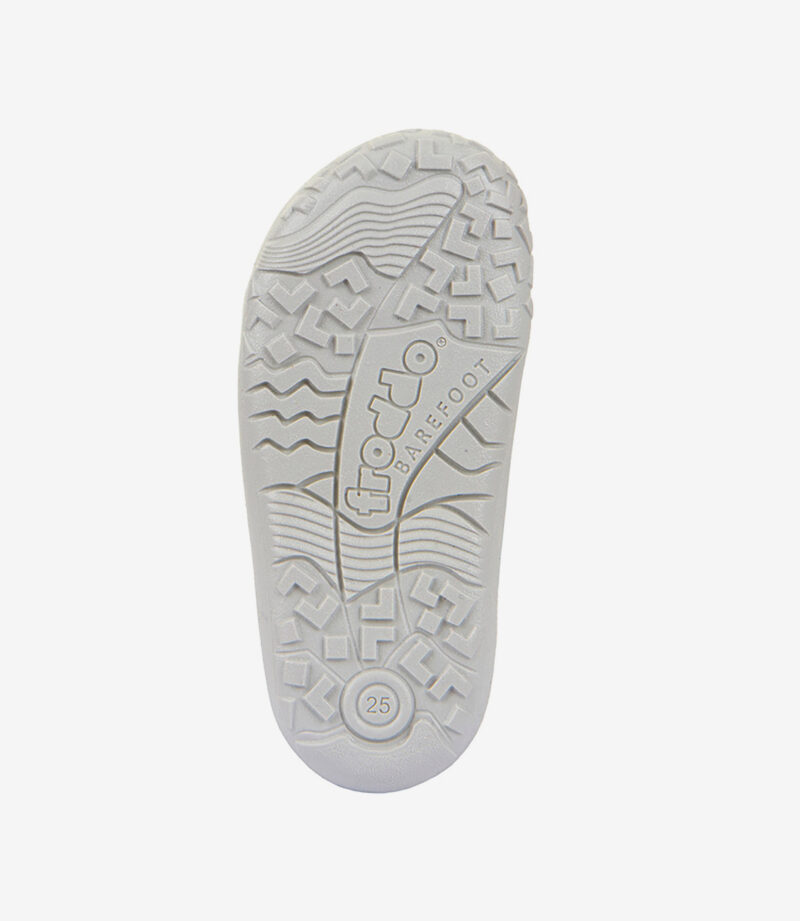 Hvid sål på froddo barfodssko, str. 25, med struktureret grebsmønster; minimalistisk sneaker til naturlig bevægelse.