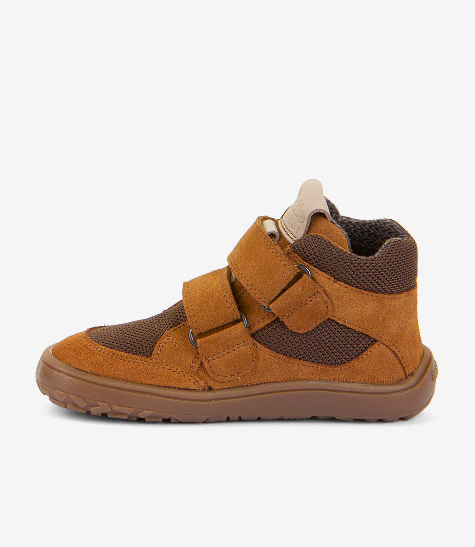 Barfodet high-top i brun og beige ruskind med velcroremme, struktureret sål, minimalistisk sneaker, bred tåboks.