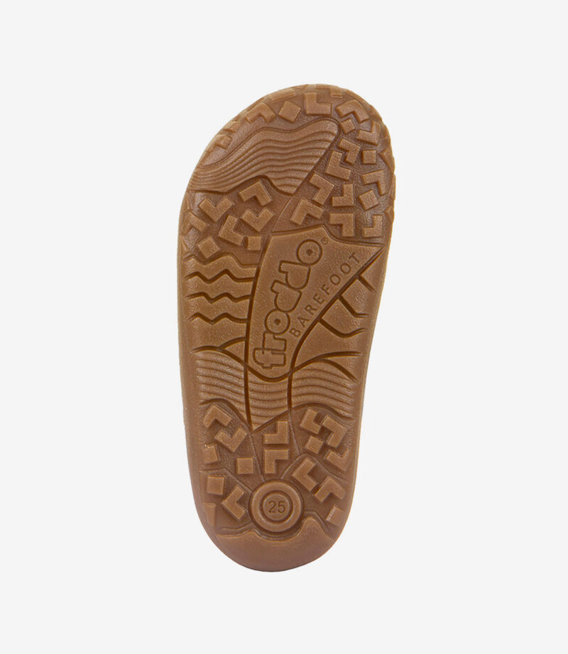 Brun gummisål på Froddo Barefoot minimalistsko til børn, størrelse 25, bred tåboks, geometriske grebsmønstre for godt fodfæste.