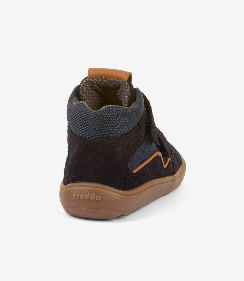Barfodssko til børn, mørk navy og brun high-top med velcro, gummisål, bred tåboks, froddo-logo på hælen.