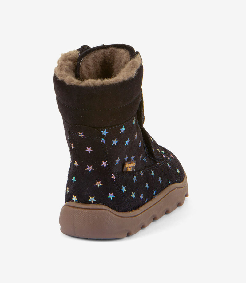 Sort barfodsstøvle med blå stjerner, bred tåboks, minimalistisk design, velegnet til naturlig gang og komfort.