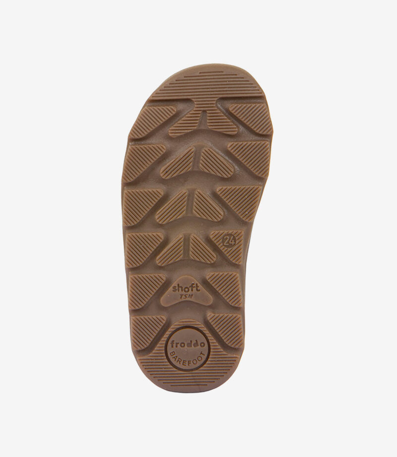 Brun gummisål på frodda BAREFOOT minimalistsko, zigzag-profil, blødt materiale, størrelse 24, bred tåboksdesign.