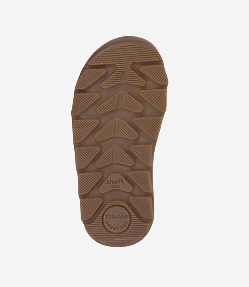 Brun gummisål til minimalistiske barfodssneakers, zigzag-profil, "Froddo Barefoot"-logo, design med bred tåboks på hvid.