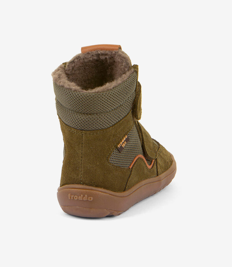Brun og olivengrøn barfodsstøvle til børn med ruskind, mesh, fuzzy foring, bred tåzone, velcrorem, gummisål.