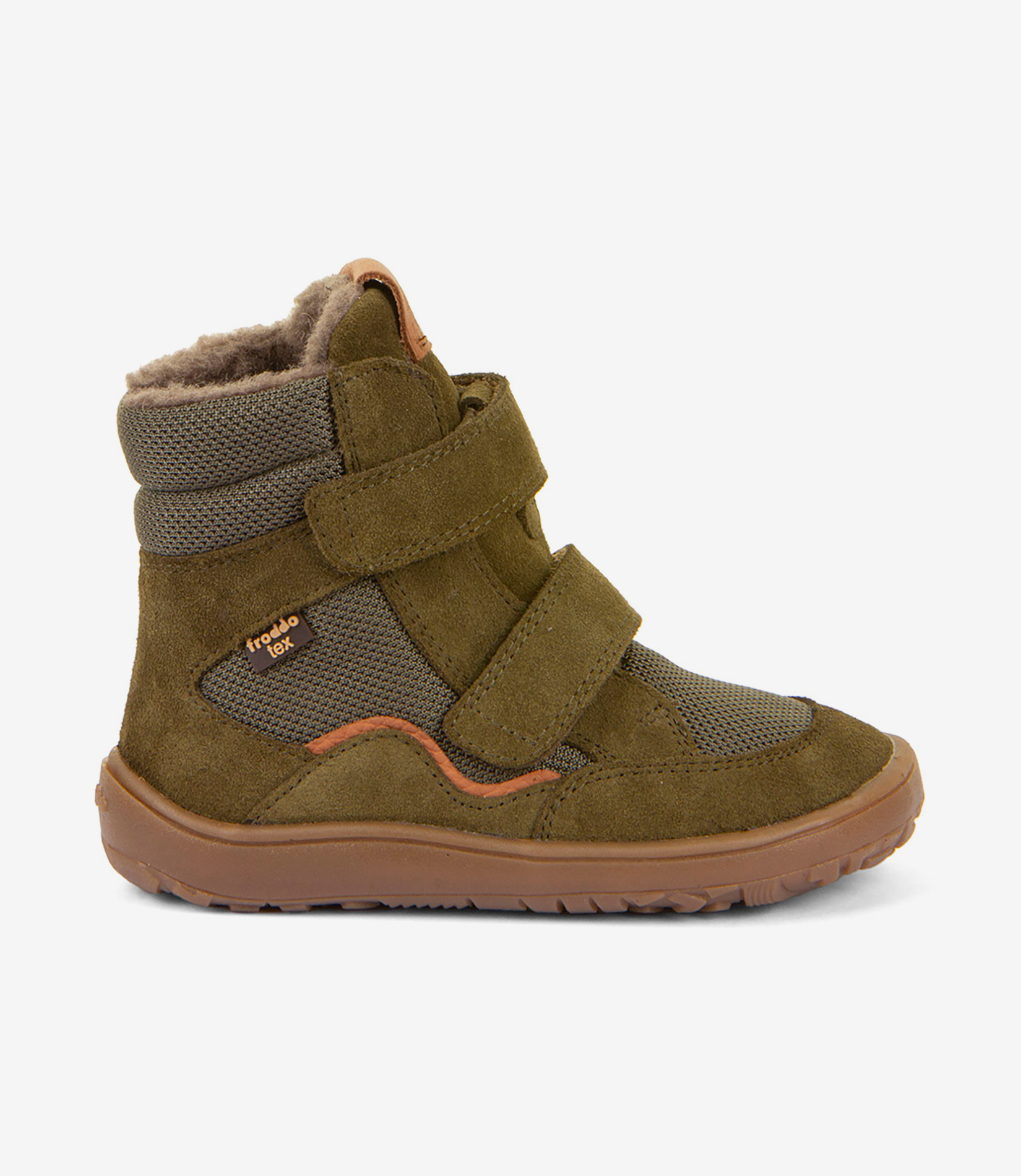 Olivengrøn barfodssko til børn med velcro, mesh og ruskind, bred tåboks, brun sål, loddent for; sideprofil på hvid.