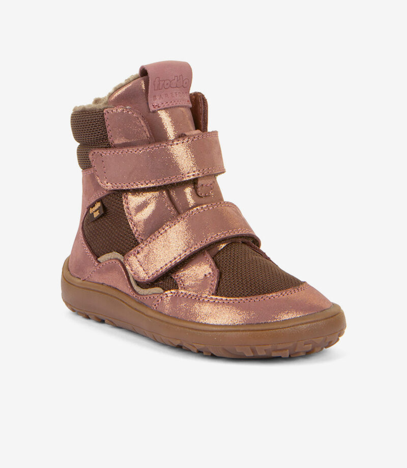 Barfodssko i metallic pink og brun, bred tåzone, velcroremme, fleecefor, struktureret sål.