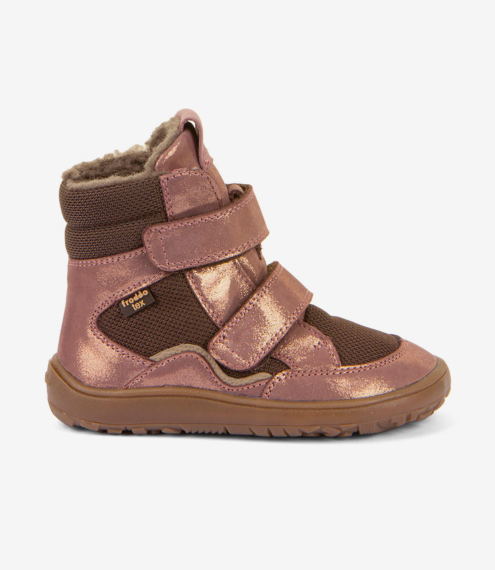 Barfodssneaker i metallic rosaguld og brun med bred tå, fleecefor og velcroremme.