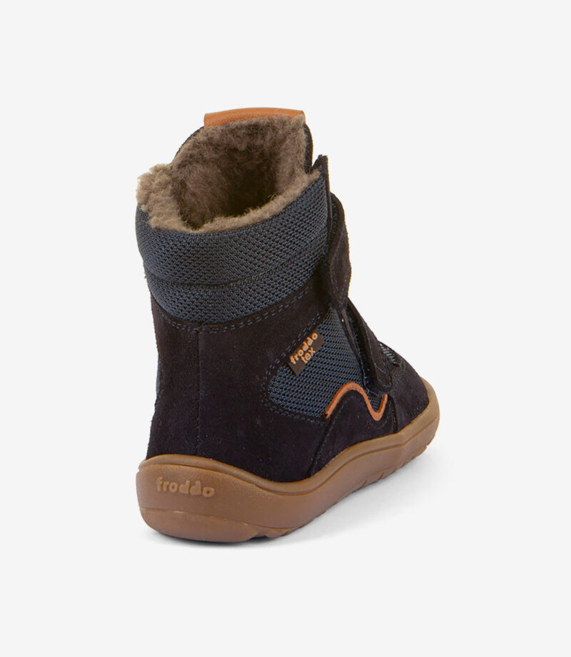 Barfodsstøvle til børn i mørkt ruskind med blå mesh, orange syninger, varmt for, bred tåboks, brun sål. Froddo-branding.