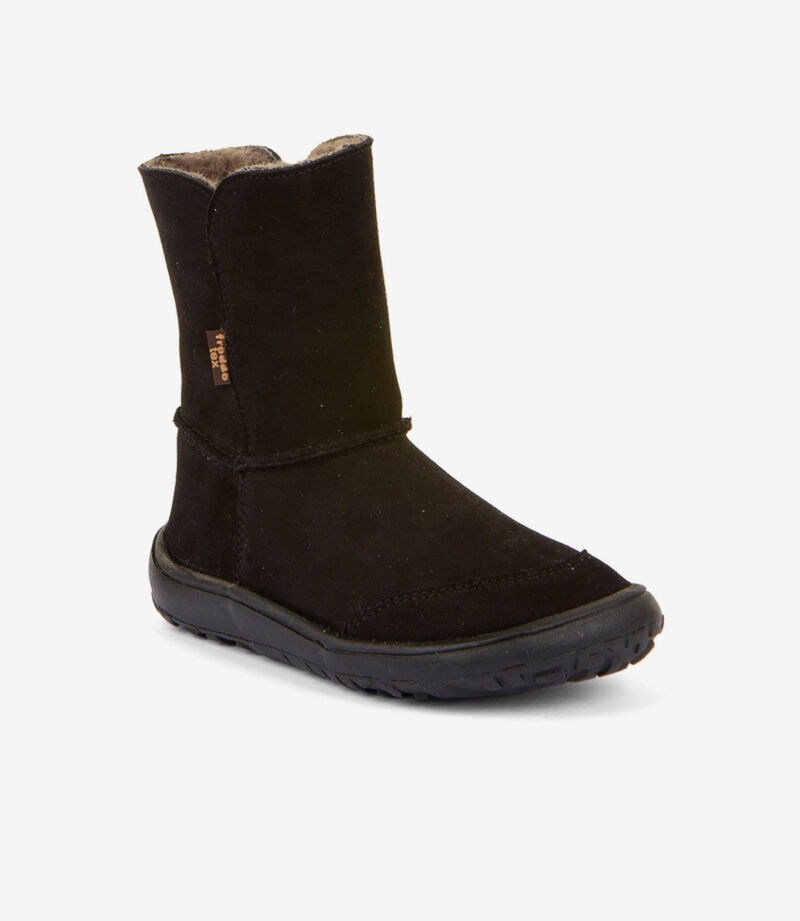Sort barfodsstøvle i ruskind, midt på læggen, bred tåboks, struktureret sål, minimalistisk design til naturlig gang.