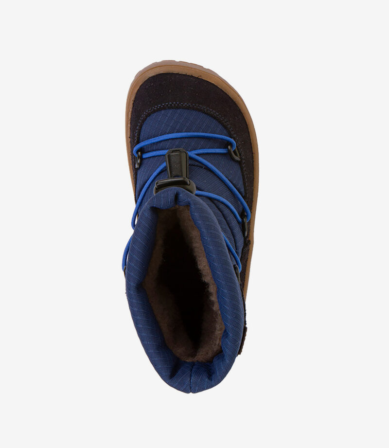 Blå og brun barfodsvinterstøvle med sorte detaljer, blå snørebånd, loddent for, bred tåboks for minimalistisk komfort.