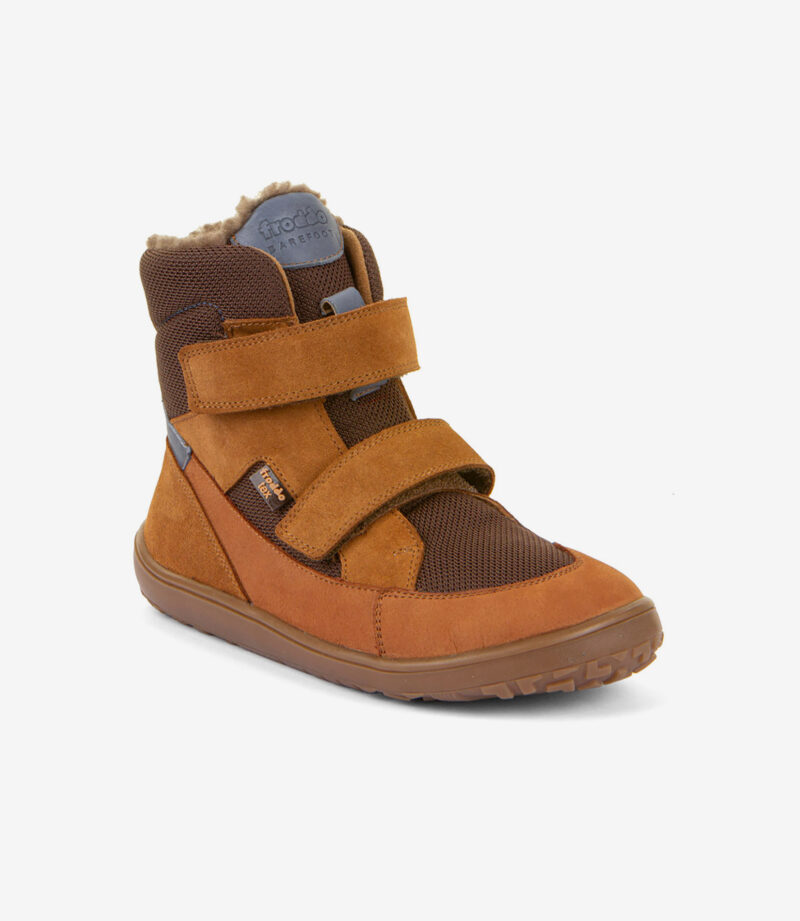 Brun og beige barfodssneaker med velcroremme, meshdetaljer, fleecefor, bred tåzone og gummisål.