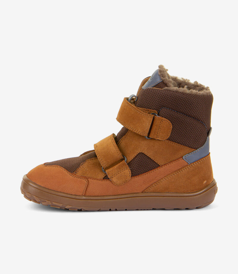 Brun og beige barfodssko med bred tå, velcroremme, meshpaneler, ruskindsdetaljer, blødt for og gummisål.