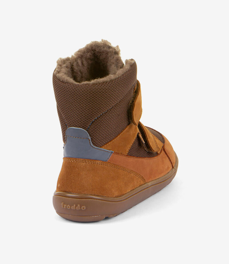 Brun og beige barfodsstøvle til børn med bred tå, velcroremme, loddent for, struktureret overdel, gummisål - set fra siden og bagfra.