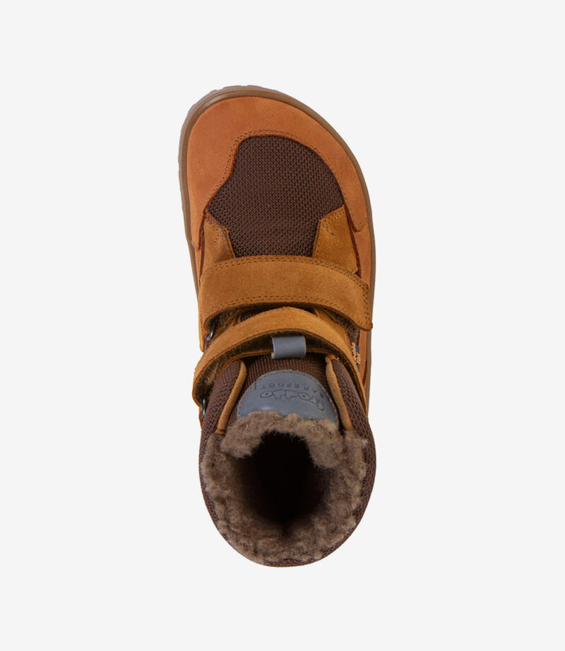 Brun og beige barfodsvinterstøvle med bred tåzone, velcroremme, overdel i mesh og behageligt for for minimalistisk komfort.