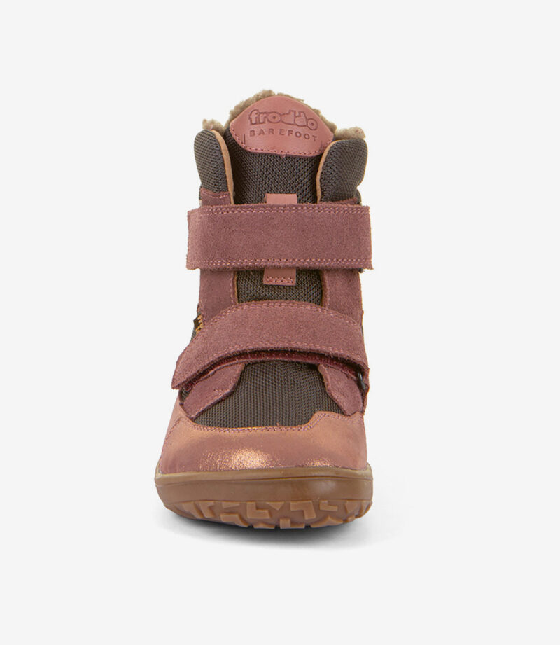 Barfodssko i pink og brun til børn med velcroremme, struktureret sål, bred tåboks, polstret krave, Froddo Barefoot-mærke.