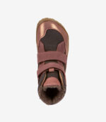 Barfodssko til børn, pink og bronze, bred tåboks, velcroremme, behageligt for, brun sål; minimalistisk børnesneaker.