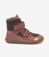 Barfodsstøvle til børn i rosa og brun med bred tå, velcroremme, gummisål og loddent for; minimalistisk vintersko.