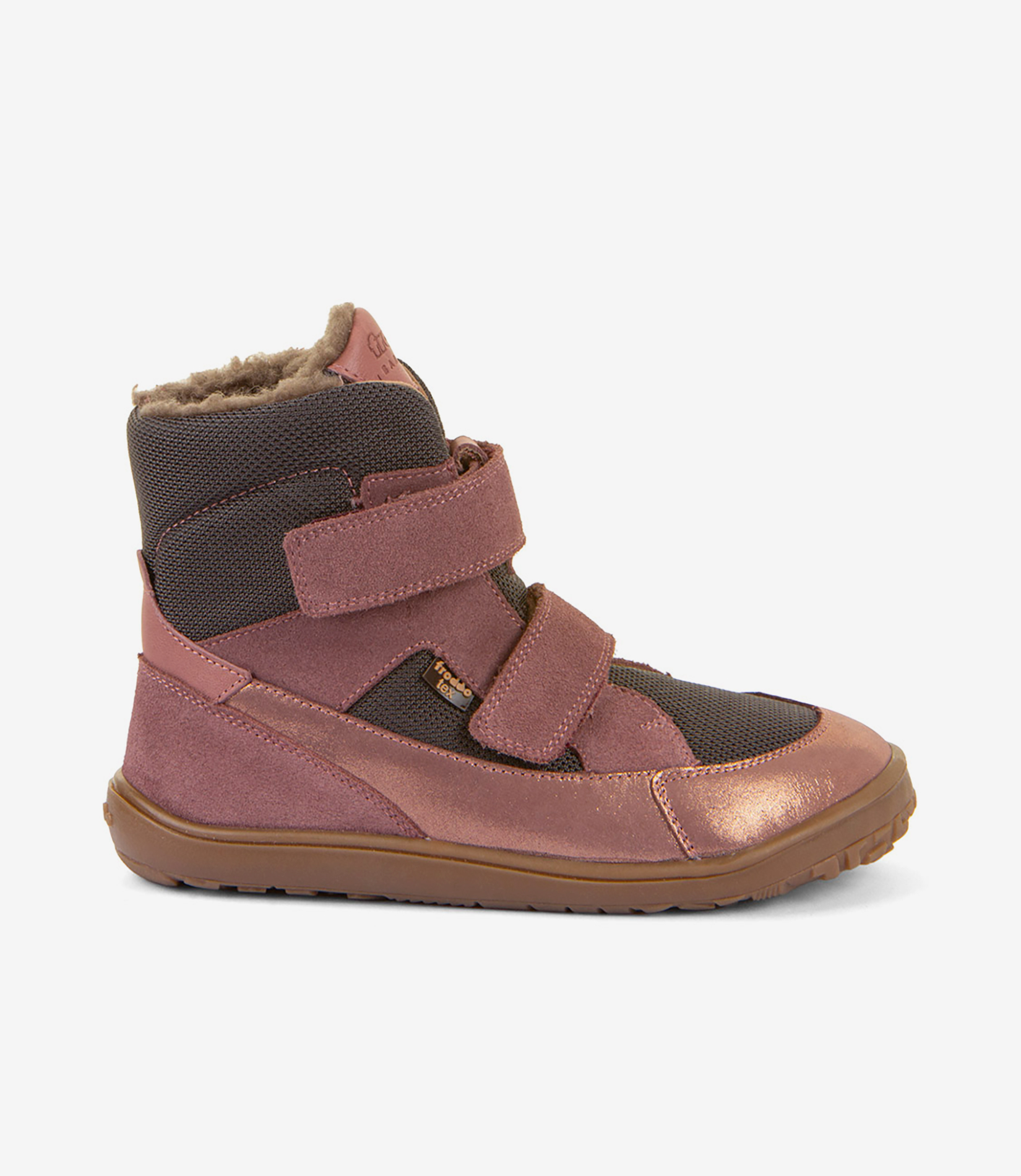 Barfodsstøvle til børn i rosa og brun med bred tå, velcroremme, gummisål og loddent for; minimalistisk vintersko.