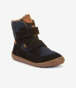 Mørkeblå og sort barfodssneaker med brun sål, velcroremme, mesh, ankelfor i imiteret pels, bred tåzone.