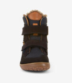 Barfodsvinterstøvle til børn, sort og blåt stof, bred tåzone, velcroremme, solbrun sål, behageligt for, minimalistisk design.